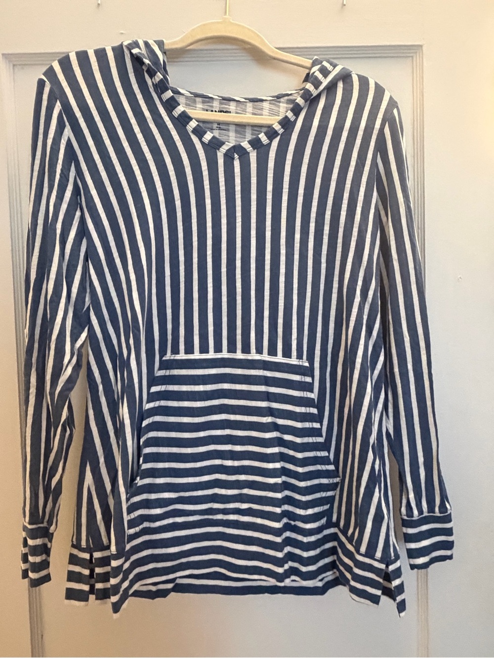 Lands' End Navy and White Striped Hooded Pullover
